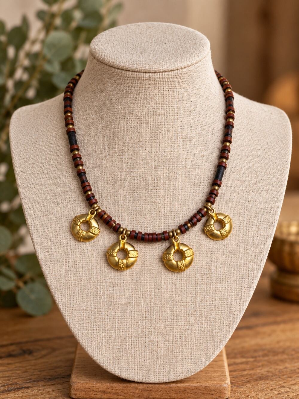 Inca Boho Bead Necklace Gold Tone Disc Dangle Charms Tribal Statement